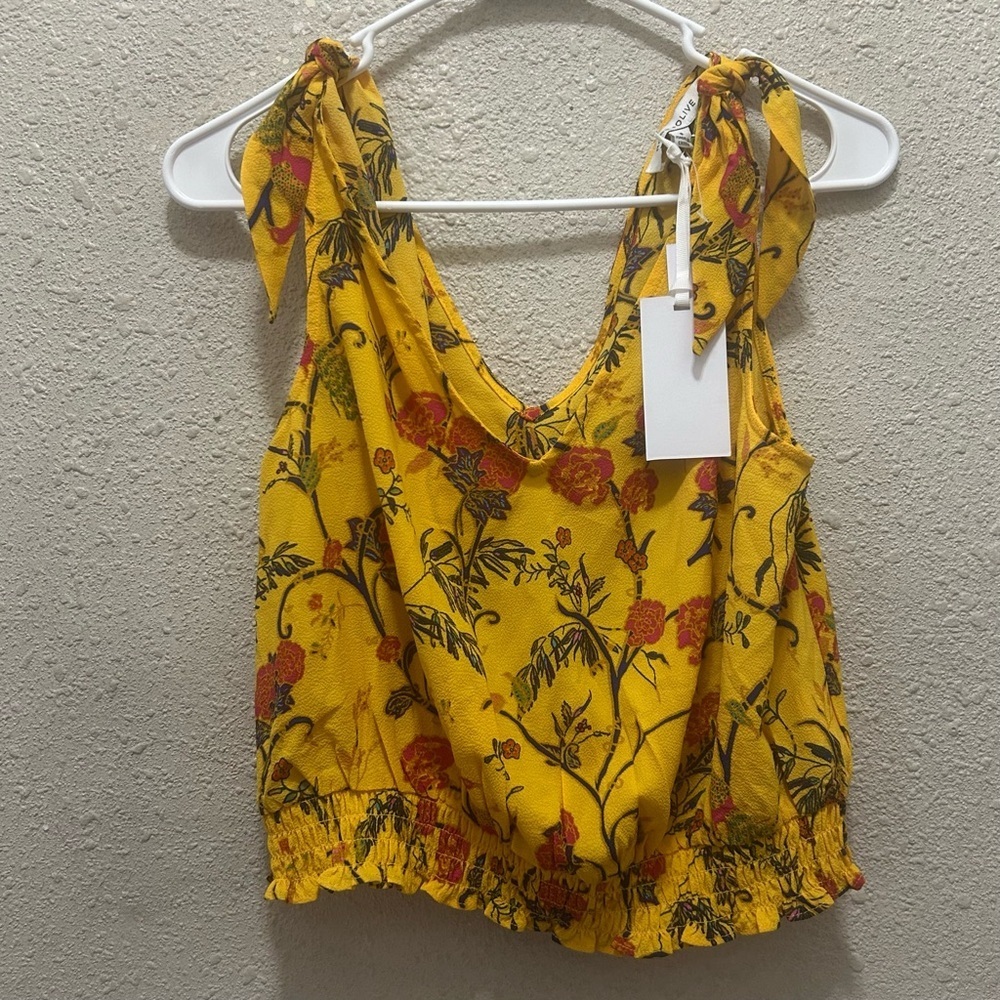Rose + Olive Yellow Floral Smocked Bottom Tie Shoulder Tank Top NWT Small